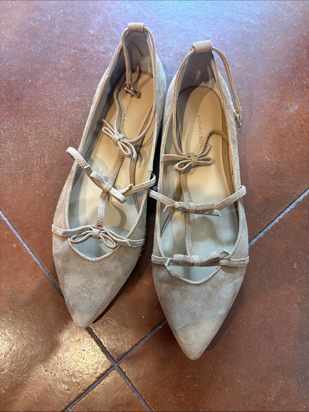 Banana Republic Beige Suede Pointed Ballet Flats with Ankle Straps